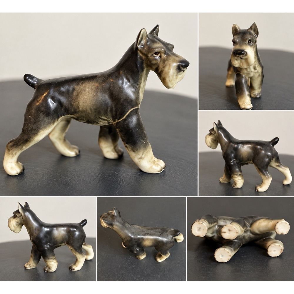 Vintage Miniature Schnauzer Dog Figurine Black Gray Ceramic Porcelain 3.5" READ